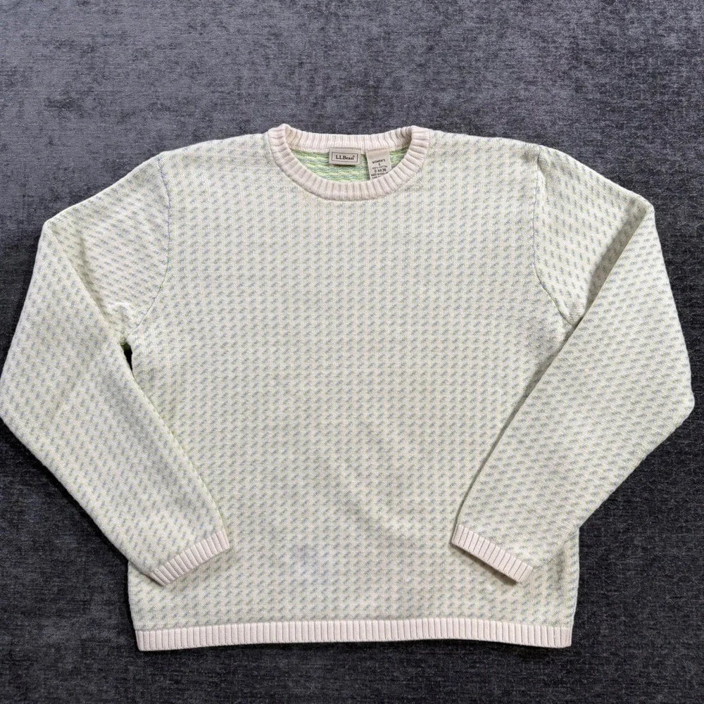 LL Bean Womens Small Cotton Birds Eye Knit Crewneck Sweater Blue Green Cream